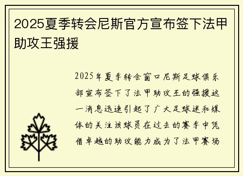 2025夏季转会尼斯官方宣布签下法甲助攻王强援